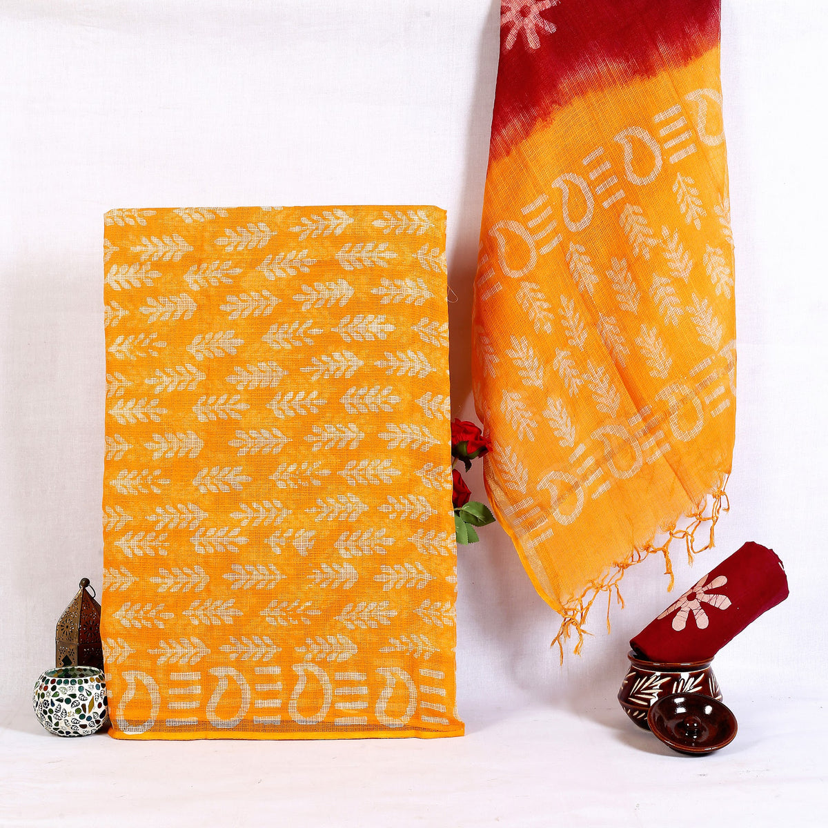 Mango Yellow Leaf Hand Block Print Pure Kota Doria Suit | Aamras Patti | Unstitched 3 Piece (Top & Dupatta Kota) | Wholesale Suit Material 1oMskEnJjUDzg0bRJGnpJ2yRnHCoeObbY_w2000