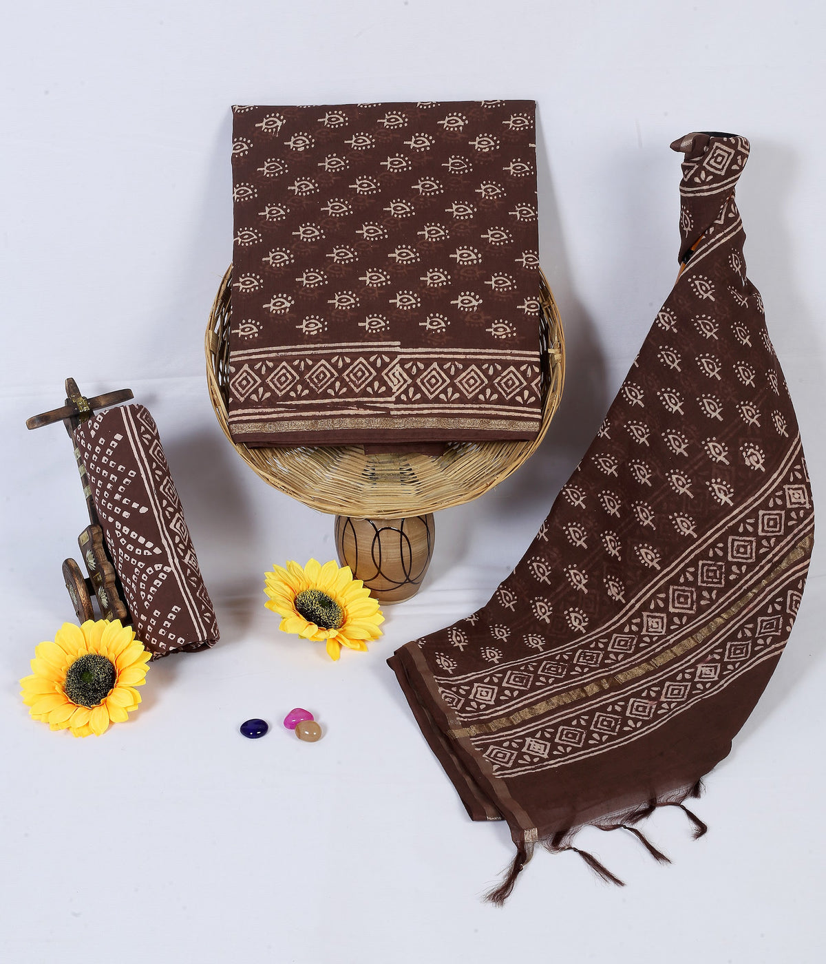 Kahwa Buta Coffee Brown Buta Chanderi silk hand block print suit material