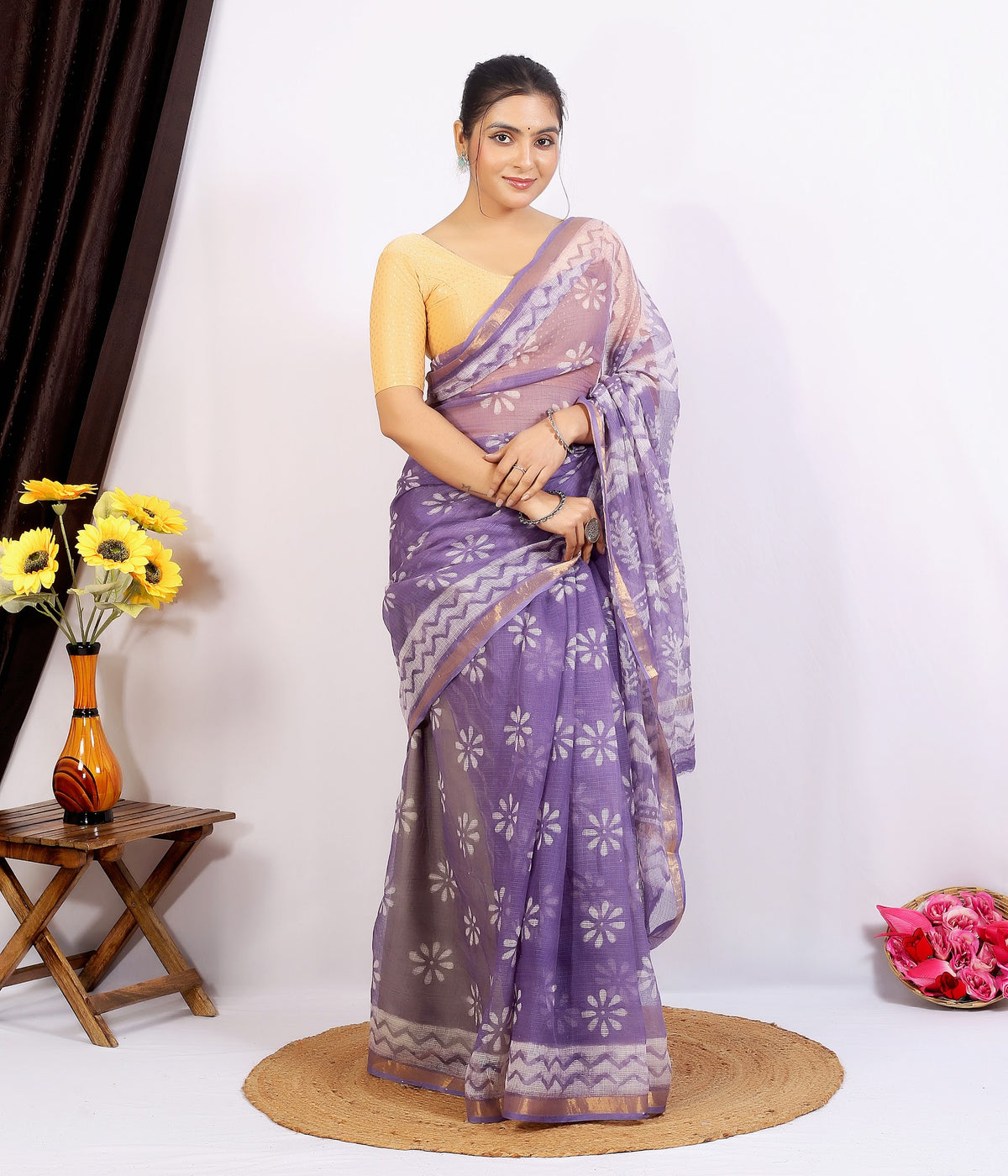 Lavender Floral Buta Kota Doria bagru hand block print saree with blouse – lavender – wholesale Jaipur – view 6