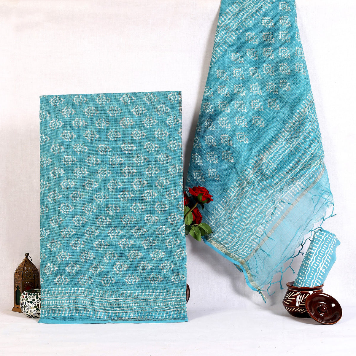 Turquoise Buta Hand Block Print Pure Kota Doria Suit | Mor Pankh Buta | Unstitched 3 Piece (Top & Dupatta Kota) | Wholesale Suit Material 1rZdcUHc17rRHrYLInv9-mSqlB1Fj6zTv_w2000