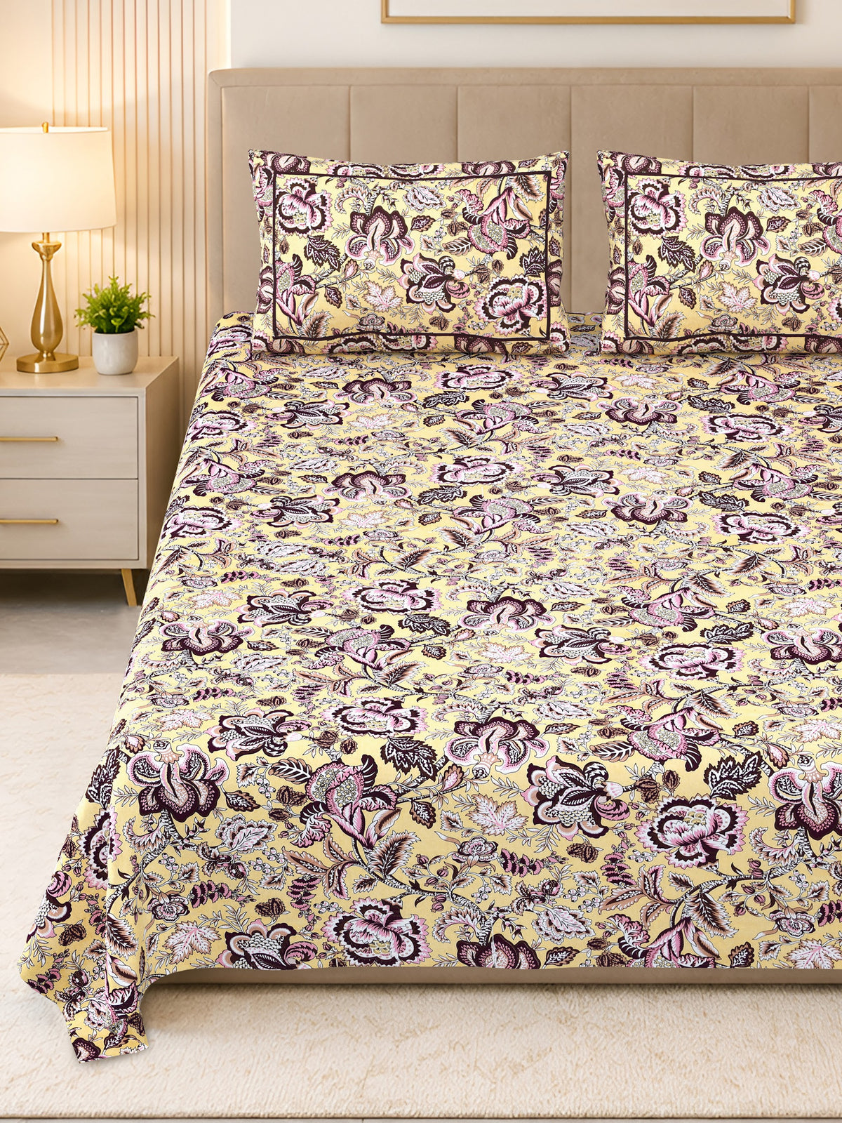 Kalashree Yellow Plum Floral Jaal premium cotton double bedsheet 100x108 with 2 pillow covers – yellow and plum – wholesale Jaipur – view 6