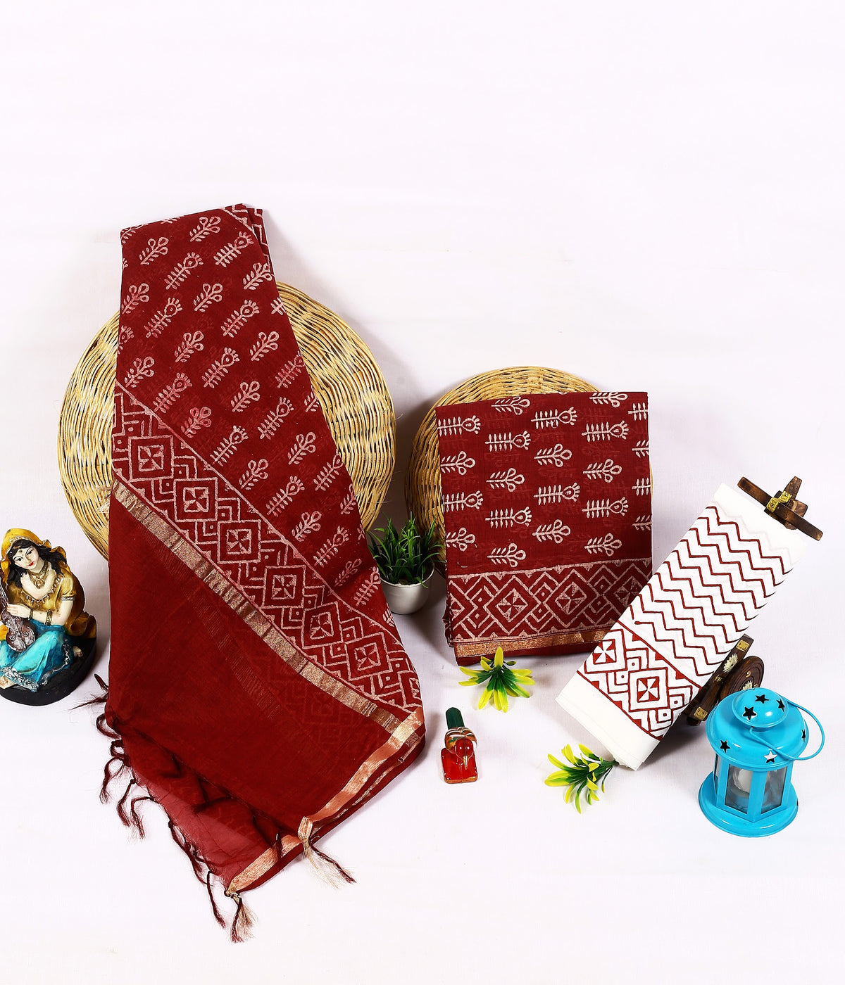 Kattha Lehar Buti Maroon Zigzag Buti Chanderi silk hand block print suit material