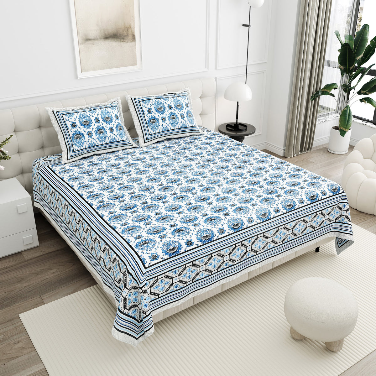 Neelam Blue Medallion Floral Cotton Double Bedsheet 90x108 with 2 Pillow Covers Bedsheet 1sugVYOmUQUER1CPDbWiPJuRgUoGThqON_w2000