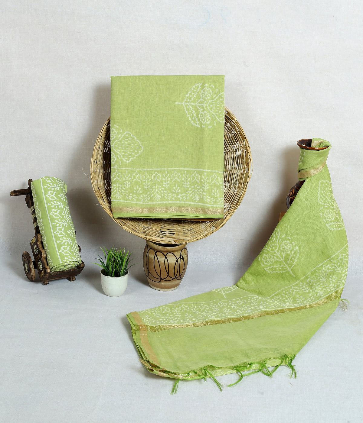 Pista Buta Pista Green Buta Chanderi silk hand block print suit material