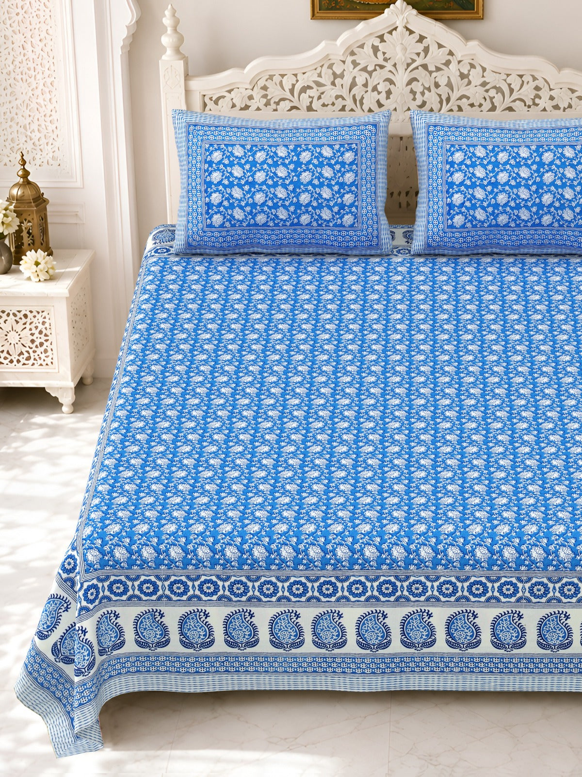 Premium Royal Block Blue Booti Cotton Double Bedsheet 90x108 with 2 Pillow Covers Bedsheet 1t1uR0684YXAumyVStN8A0SRjNZpjUbnb_w2000