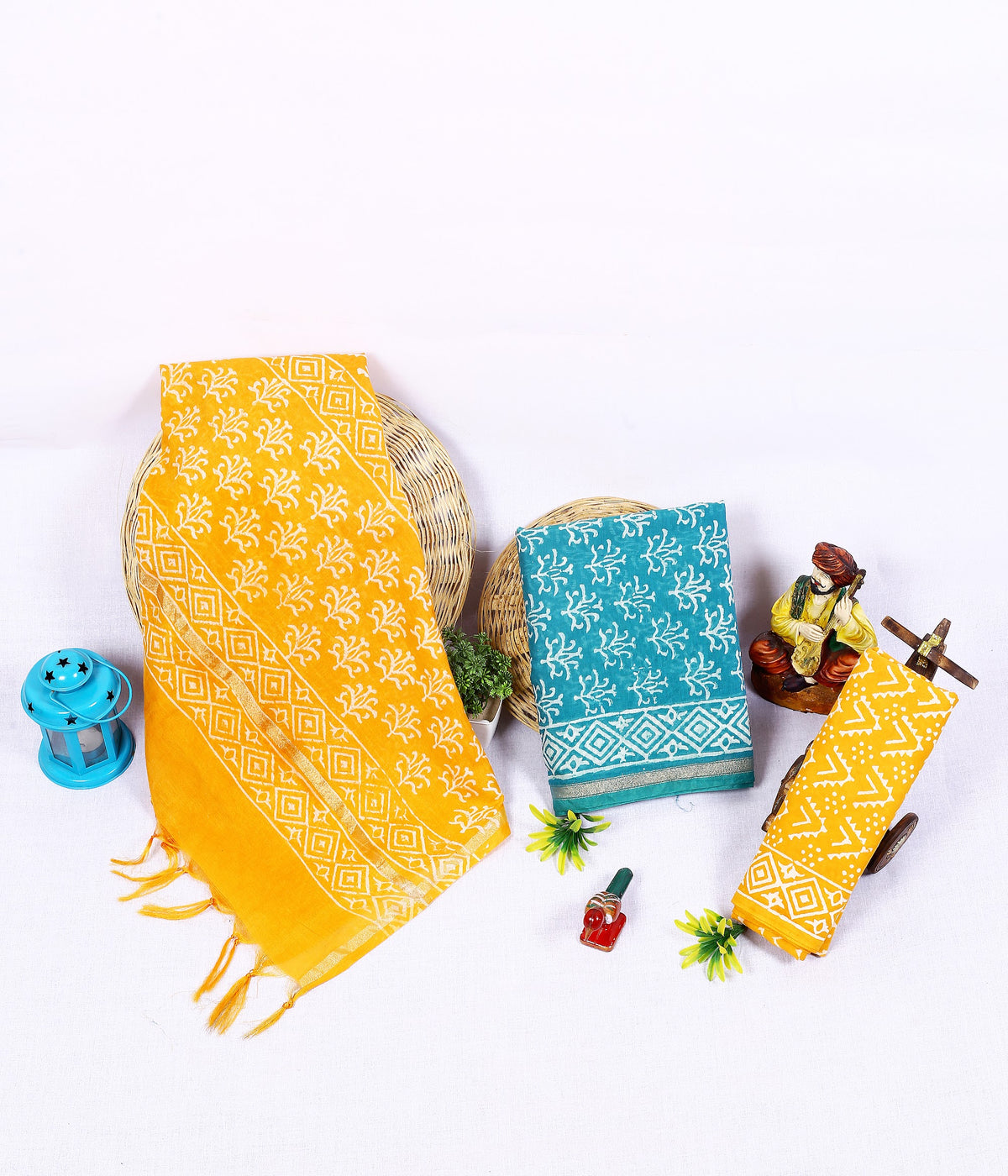 Sarson Firozi Buti Mustard Teal Buti Chanderi silk hand block print suit material