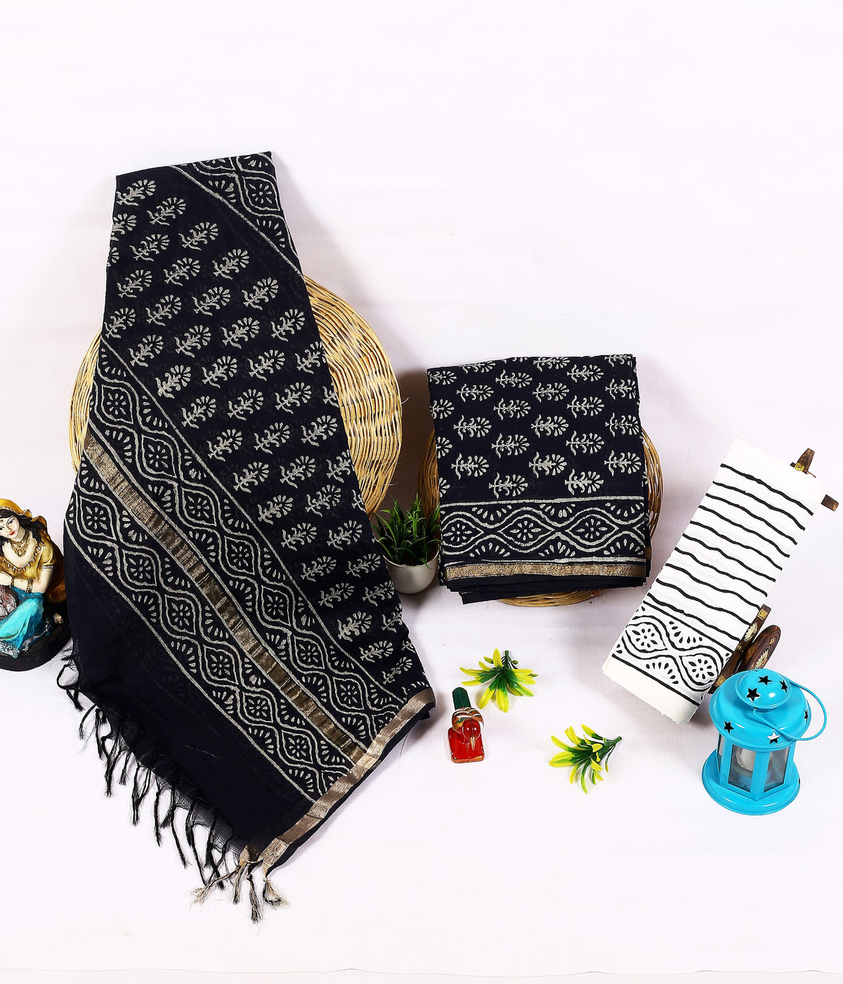 Kaala Buta Black Buta Chanderi silk hand block print suit material