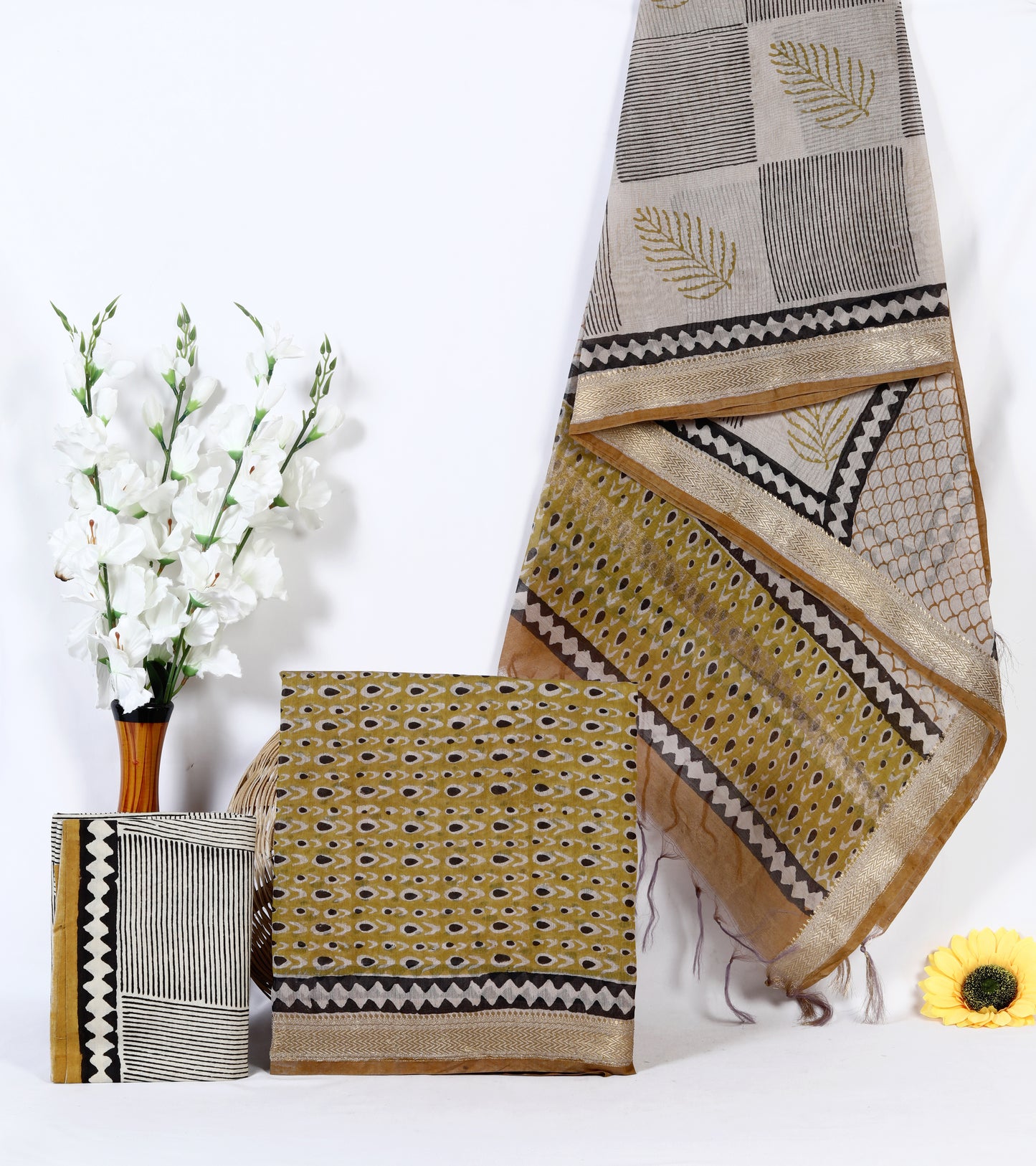 Maheshwari Silk Hand Block Printed Unstitched Suit Material | Leaf & Paisley Print | Mustard & Grey | Zari Border Dupatta | Wholesale