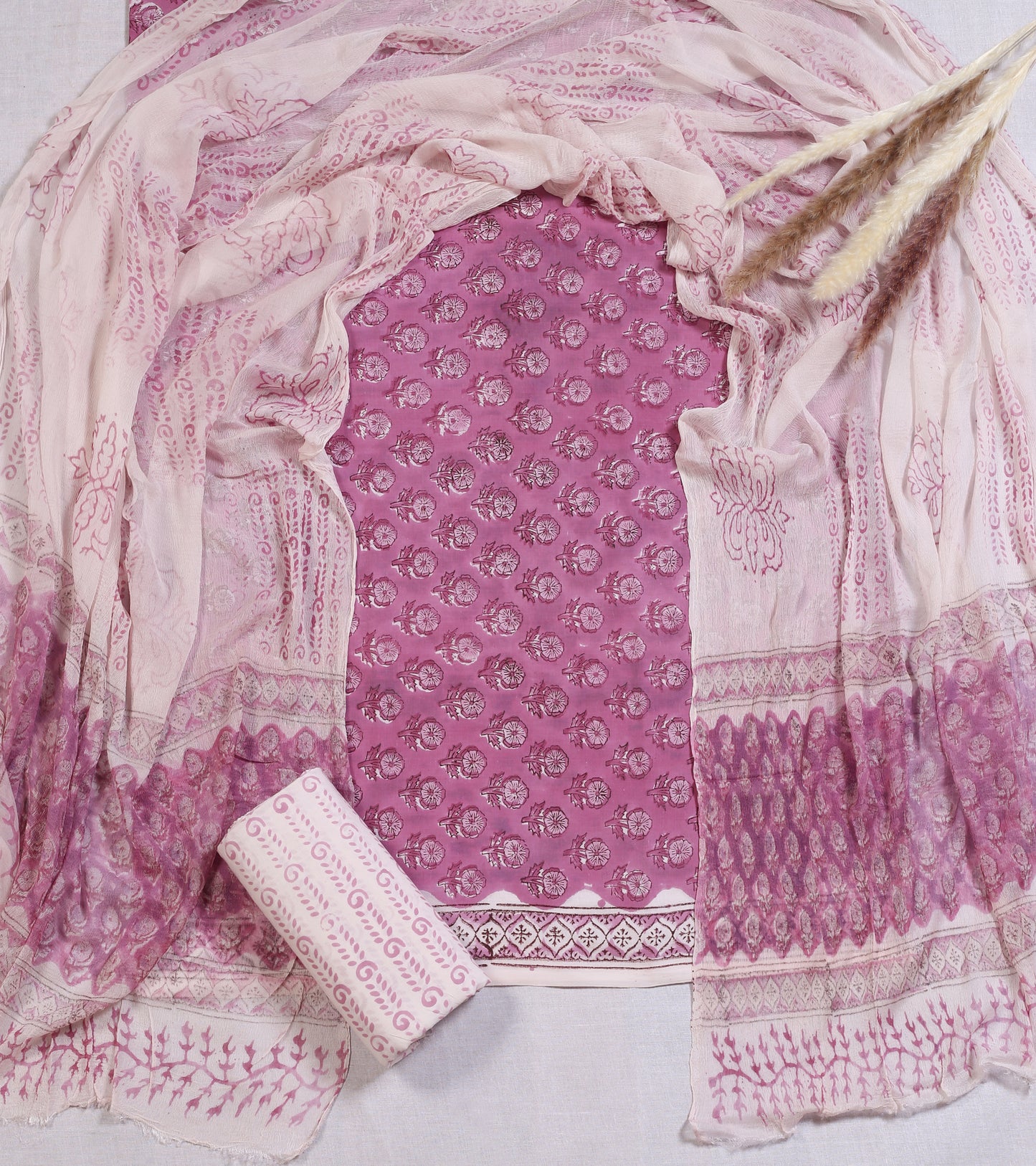 Hand Block Printed Cotton Suit Material | Rose Pink Floral Buti | Chiffon Dupatta | Wholesale Unstitched 3-Piece Set Suit Material 2_4