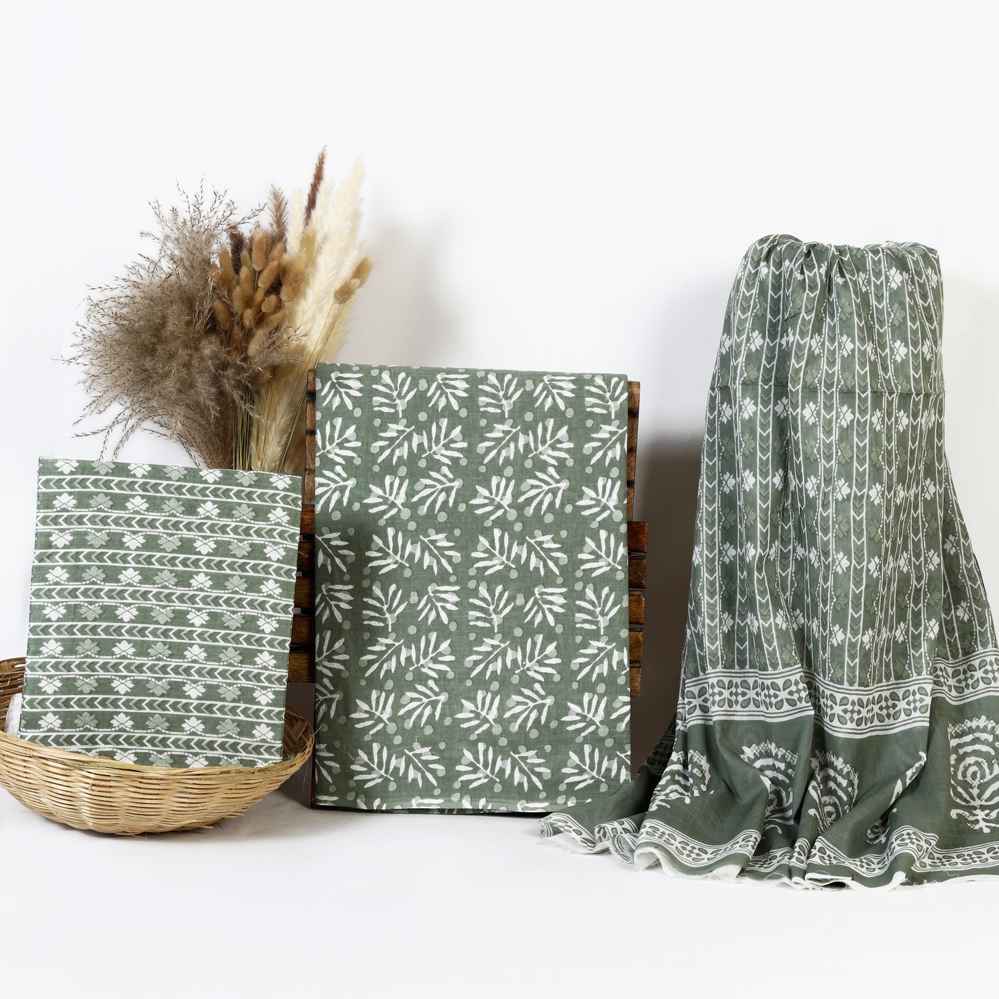 Sage Green Handblock Print Cotton Suit Material with Mulmul Dupatta | 3-Piece Unstitched Set | Wholesale
