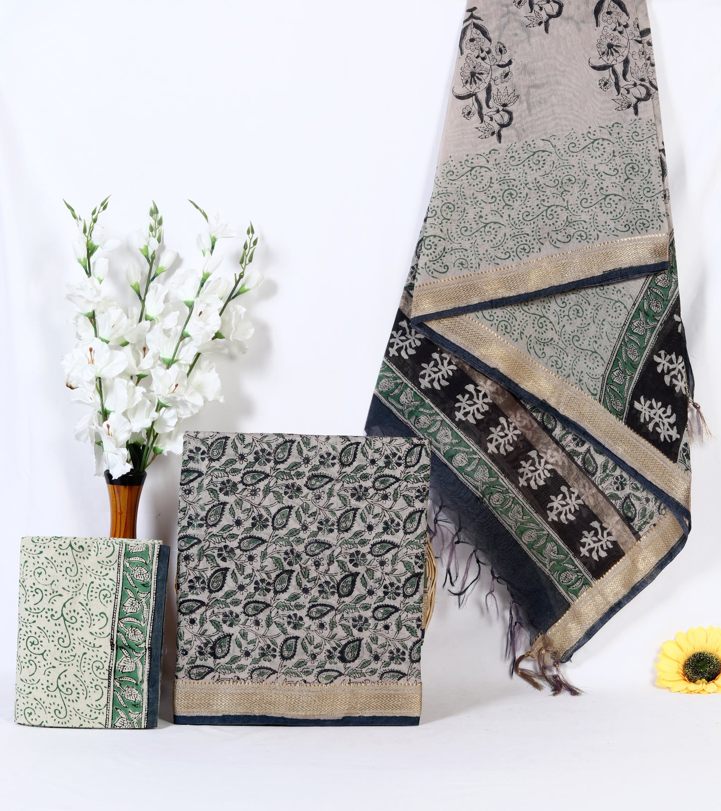 Maheshwari Silk Hand Block Printed Unstitched Suit Material | Dense Floral Paisley Jaal | Beige, Green & Black | Zari Border Dupatta | Wholesale
