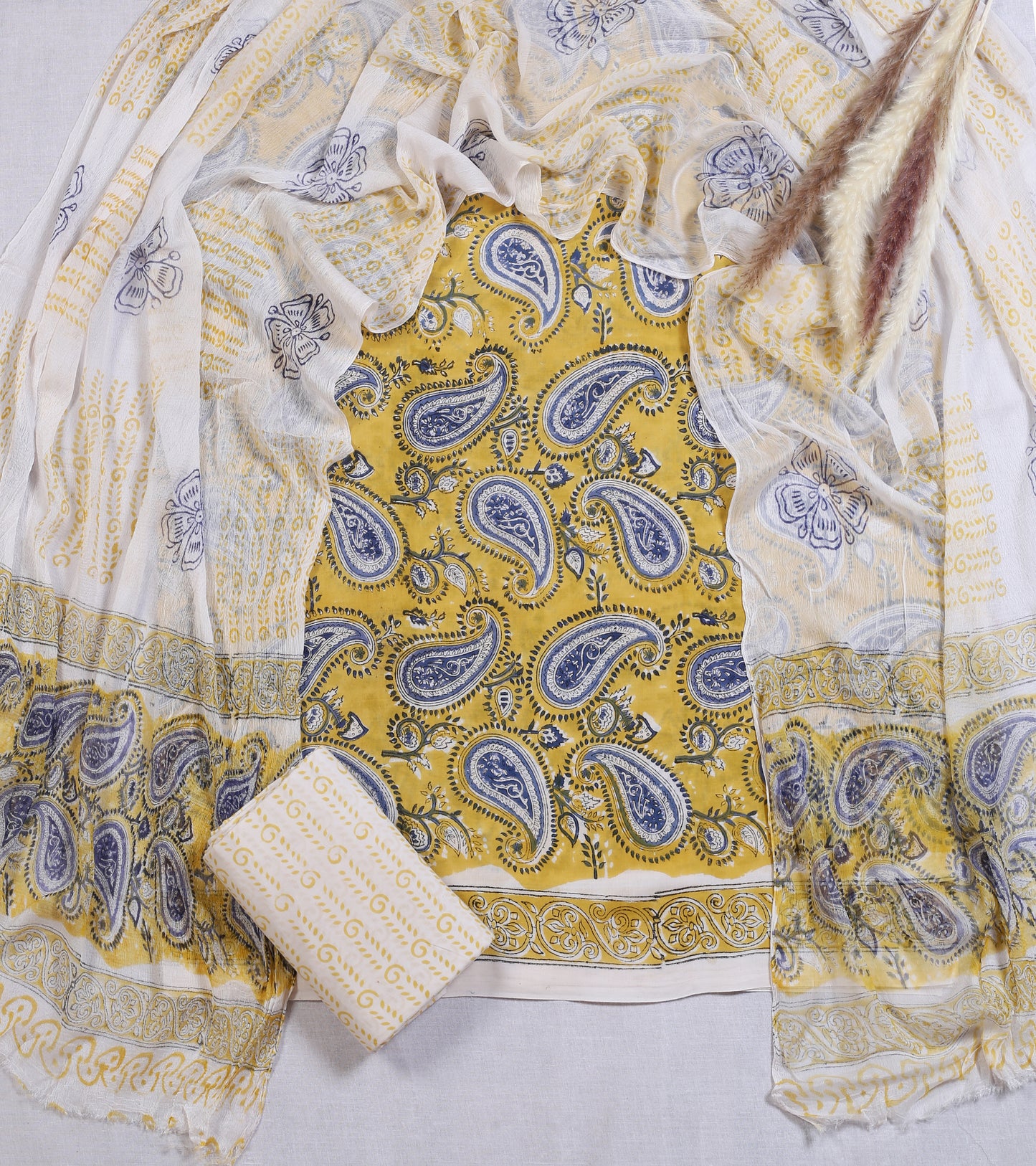 Hand Block Printed Cotton Suit Material | Mustard Yellow Large Paisley Keri Jaal | Chiffon Dupatta | Wholesale Unstitched 3-Piece Set Suit Material 5_5