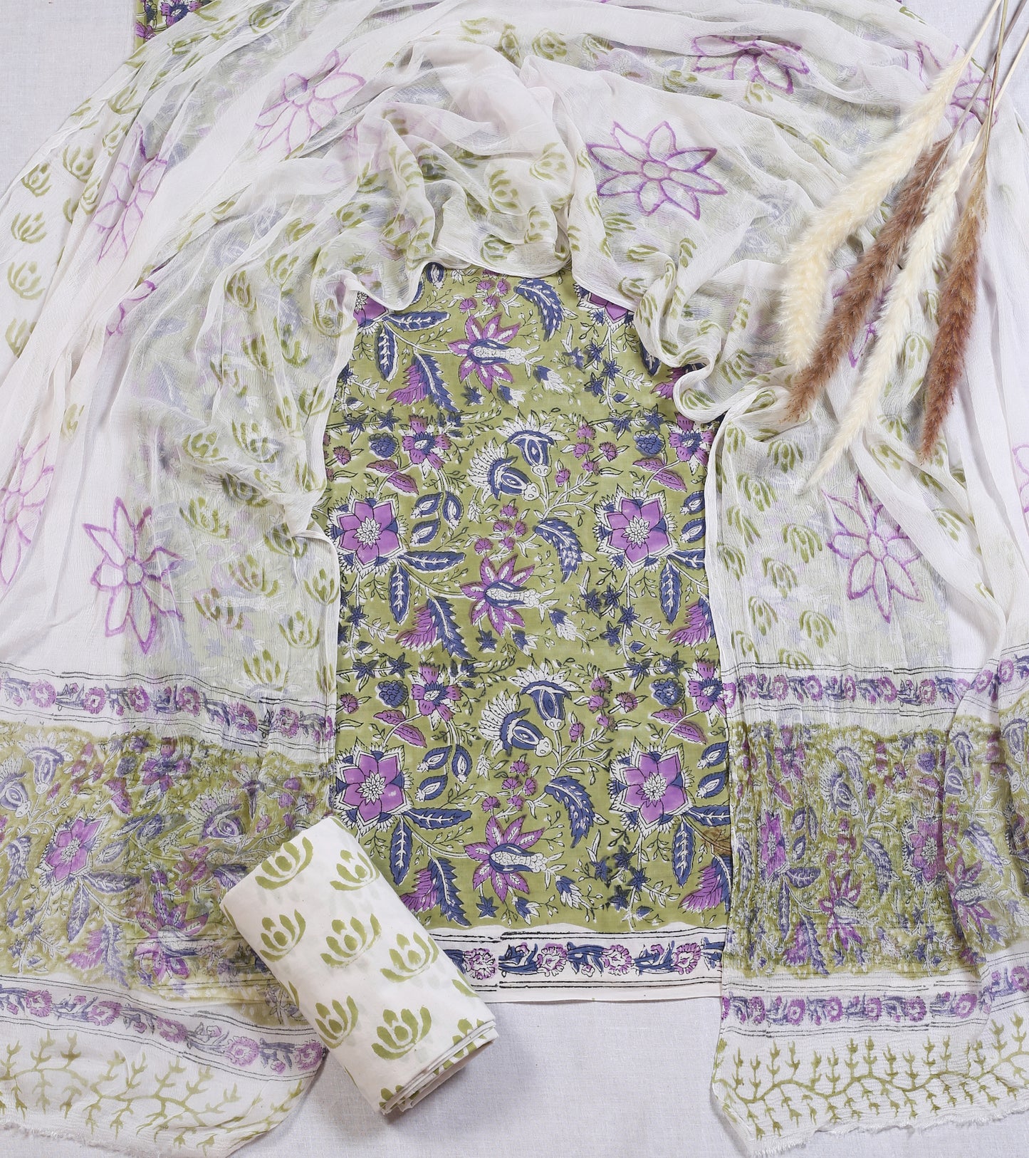 Hand Block Printed Cotton Suit Material | Olive Green Floral Paisley Jaal | Chiffon Dupatta | Wholesale Unstitched 3-Piece Set Suit Material 6_4
