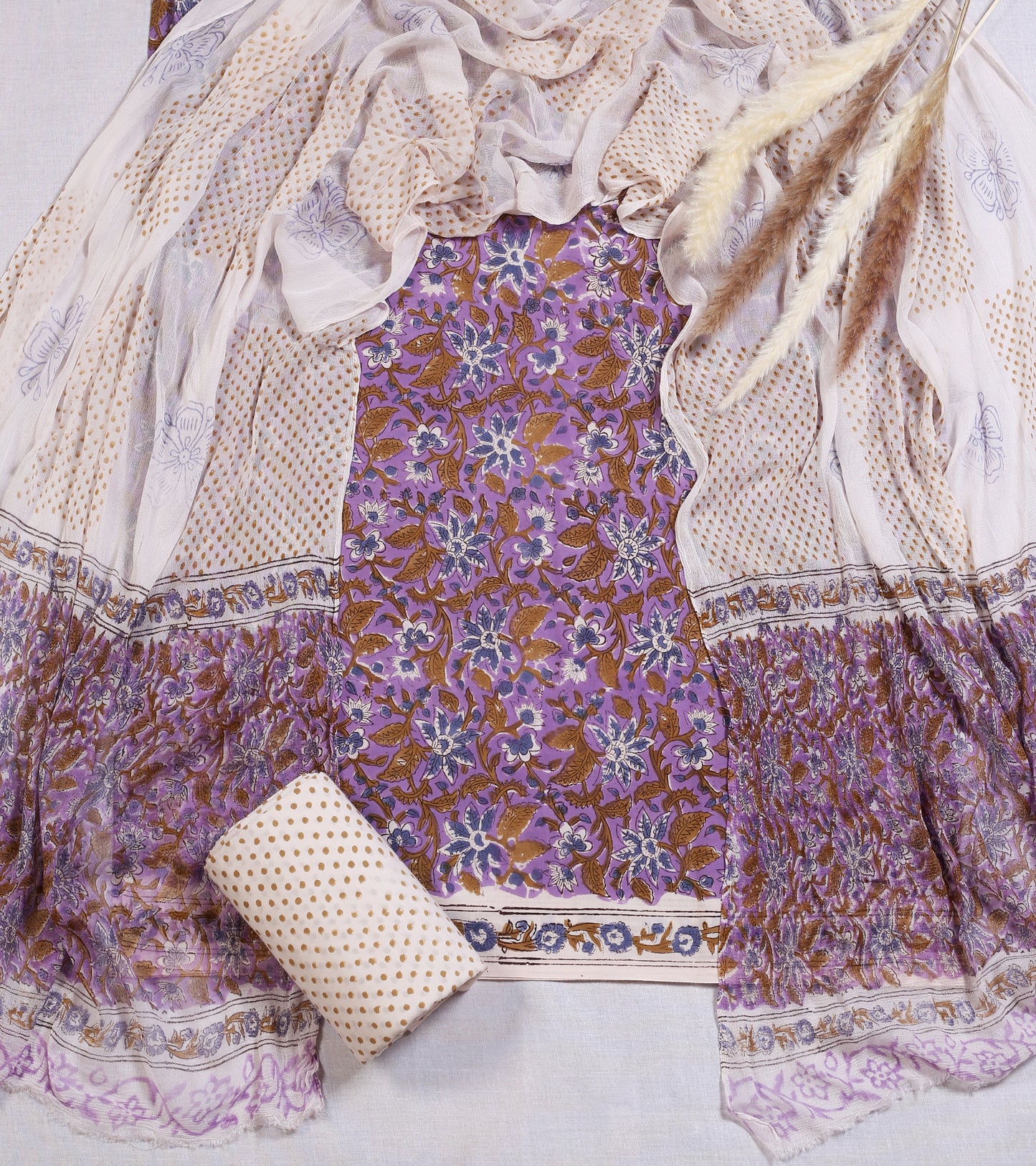 Hand Block Printed Cotton Suit Material | Lilac Floral Vine Jaal with Gold Bindi Dupatta | Wholesale Unstitched 3-Piece Set Suit Material 7_3