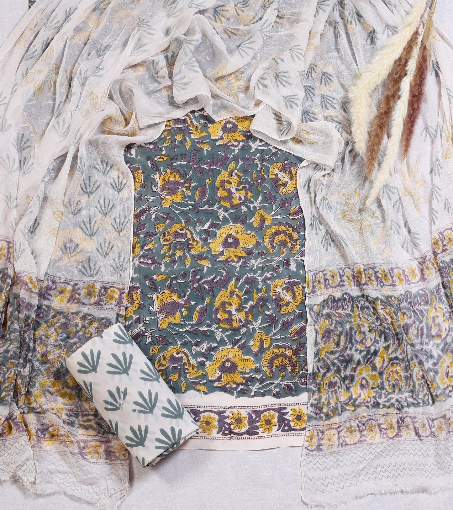 Hand Block Printed Cotton Suit Material | Teal Green Bold Floral Jaal with Mustard & Plum | Chiffon Dupatta | Wholesale Unstitched 3-Piece Set Suit Material 8_2_bc422edc-6411-4e60-a0cd-ba7f9d9d9497