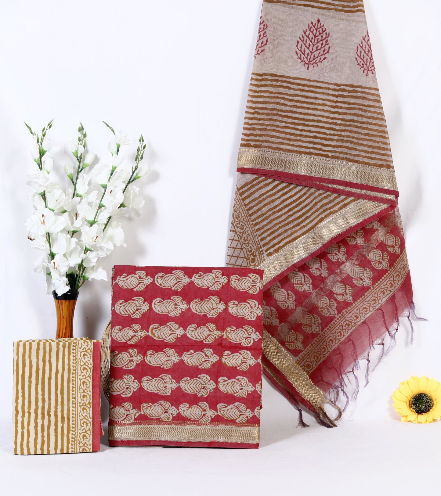 Maheshwari Silk Hand Block Printed Unstitched Suit Material | Large Kairi on Crimson Red | Stripe Dupatta | Cream & Mustard | Wholesale
