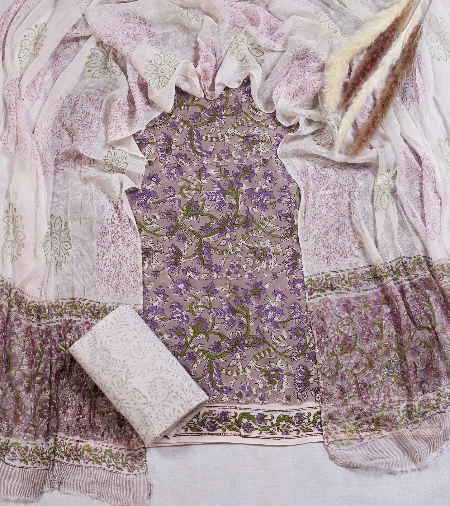 Hand Block Printed Cotton Suit Material | Dusty Mauve Floral Vine Jaal with Olive Green | Chiffon Dupatta | Wholesale Unstitched 3-Piece Set Suit Material 9_4