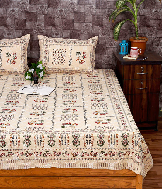 Bagru Floral Boota Printed Indigo Sole King Size Cotton Bedsheet in Cream by Srishti Textile Bedsheet Jaipuri_Handblock_Printed_King_Size_Bedsheet_103