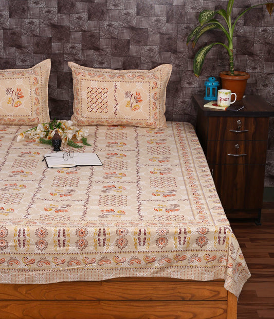 Bagru Floral Boota Printed Indigo Sole Bedsheet - King Size, Cotton, Cream Color Bedsheet Jaipuri_Handblock_Printed_King_Size_Bedsheet_111