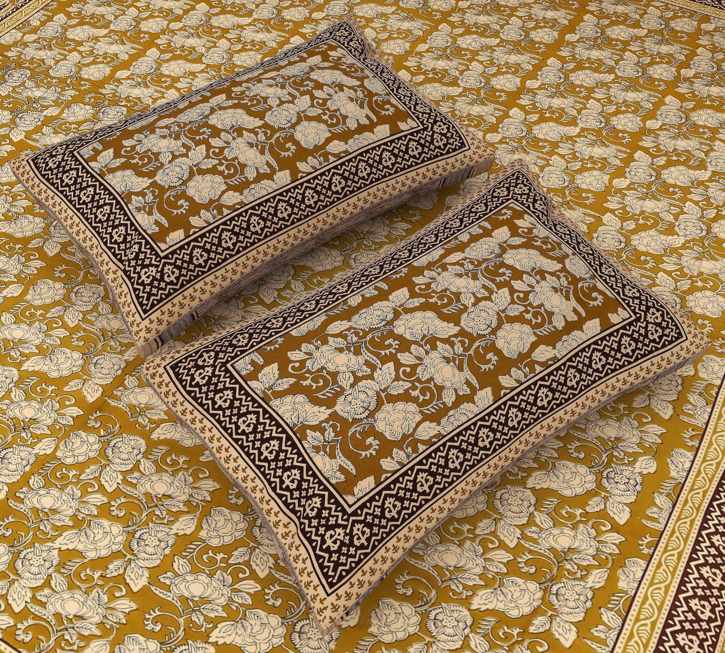 Golden Harvest: Jaipuri King Size Kalamkari Bedsheet with Elephant and Floral Print Bedsheet Jaipuri_Handblock_Printed_King_Size_Bedsheet_36