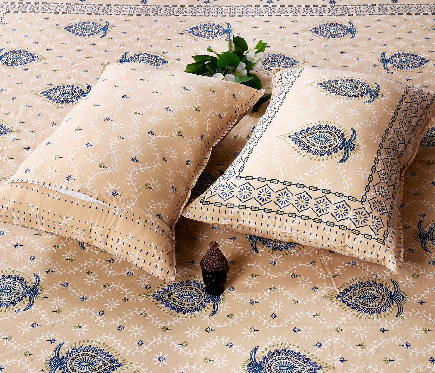 Indigo Oasis: Bagru Floral Boota King Size Cotton Bedsheet, Size: Double Bedsheet Jaipuri_Handblock_Printed_King_Size_Bedsheet_4
