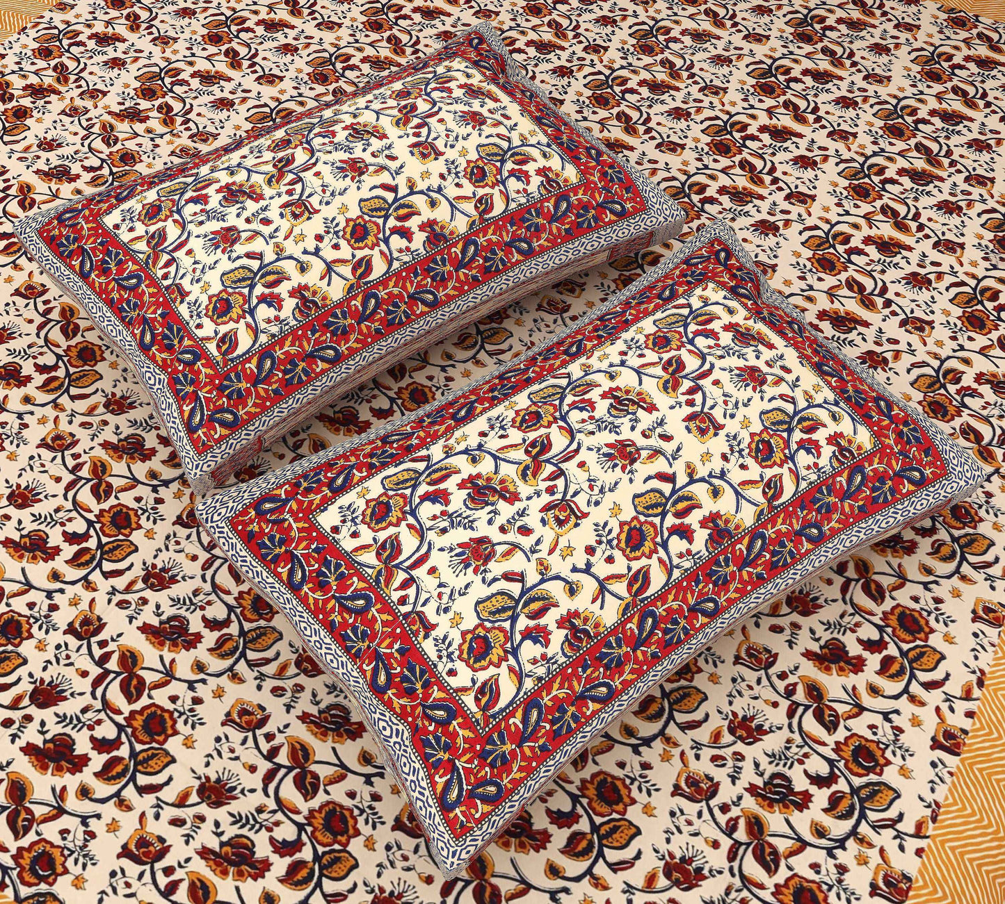 Golden Garden: King Size Kalamkari Floral Print Bedsheet in Yellow Bedsheet Jaipuri_Handblock_Printed_King_Size_Bedsheet_44