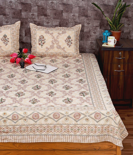 Bagru Indigo Elegance: Floral Boota Printed Cream Cotton King Size Bedsheet by Srishti Textile Bedsheet Jaipuri_Handblock_Printed_King_Size_Bedsheet_91