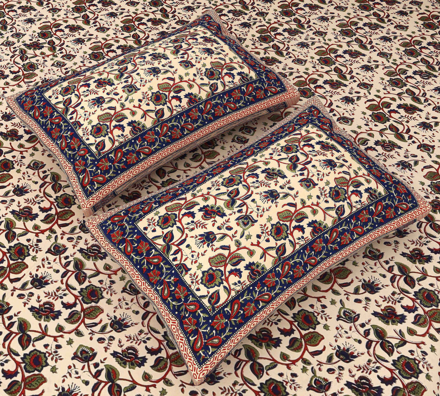 Jaipuri Elegance: King Size Blue Bedsheet with Floral Kalamkari Printing Bedsheet a_11_12942f20-32c6-4820-98b7-172ad144f780