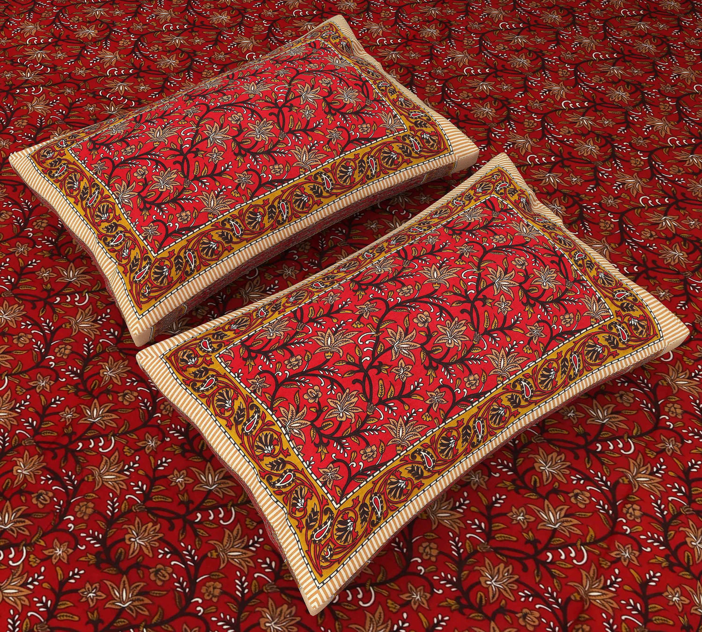 Jaipuri Kalamkari Red Floral Elephant King Size Bedsheet Bedsheet a_12