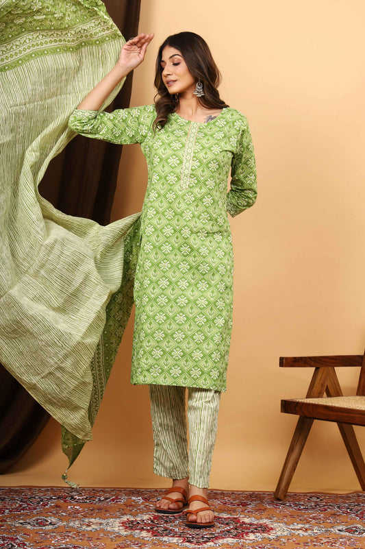 Srishti Textile Ajrakh Printed Kurti Set in Green Kurti ajrak-printed-kurti-set-green-full-view