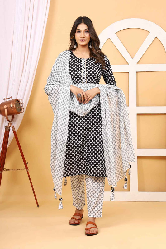 Srishti Textile Ajrakh Printed Kurti Set for Elegance Kurti ajrakh-printed-kurti-set-black-white-printed-dupatta
