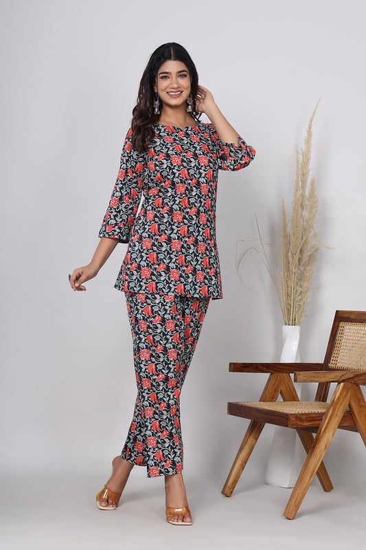 Srishti Textile Black Floral Co-ord Set for Women Cord Set black-floral-co-ord-set-model-posing-full-view
