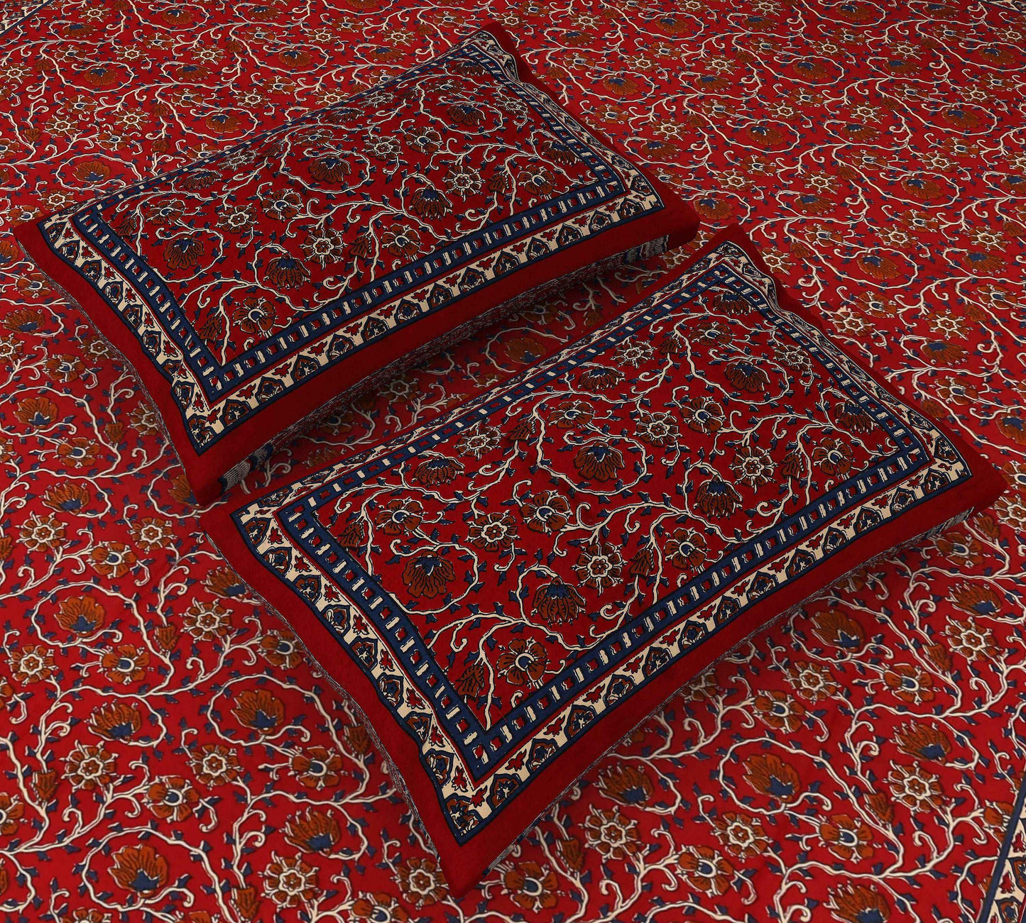 Jaipuri Blooms: King Size Red Kalamkari Floral Bedsheet Bedsheet c_9_d9c173f3-778c-4440-b678-c443627a720a