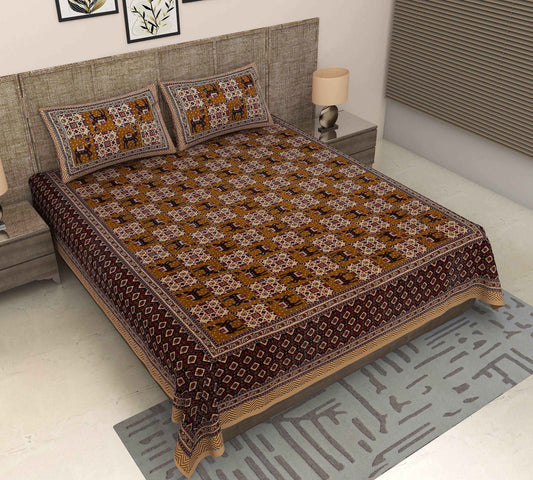 Chokda Animal Motif Bedsheet by Srishti Textile Bedsheet chokda-animal-motif-bedsheet-brown-colored-cover-with-pillow