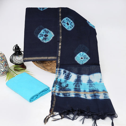 Dark Blue Shibori Chanderi Suit by Srishti Textile Chanderi Suit dark-blue-shibori-chanderi-suit-scarf-and-bottom-fabric