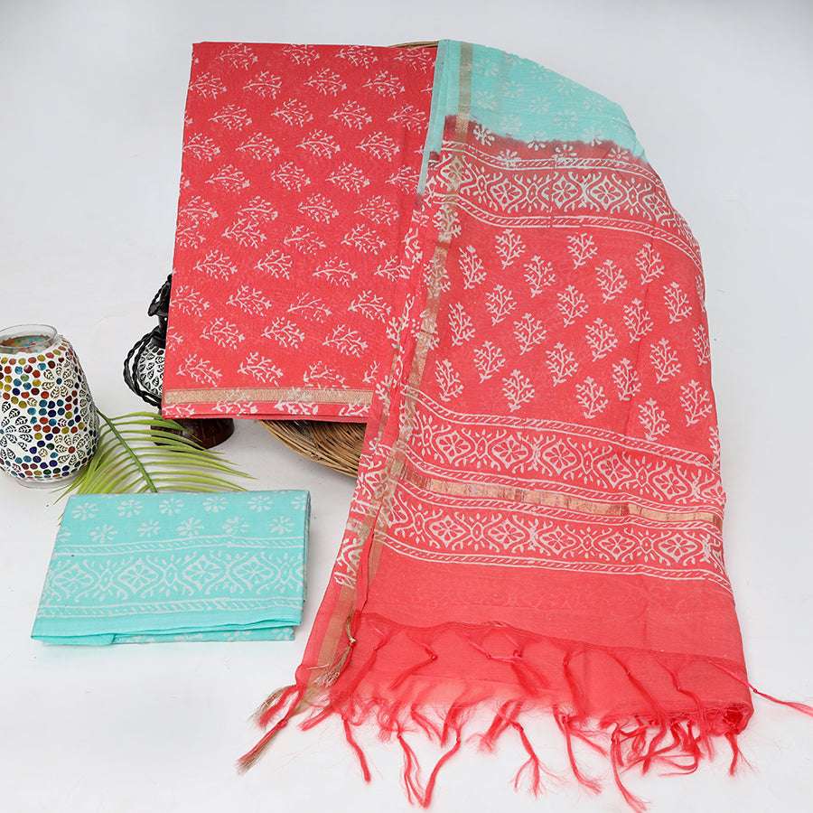 Srishti Textile Floral Booti Block Print Chanderi Suit Chanderi Suit floral-booti-block-print-suit-red-aqua-ethnic-fabric-_1
