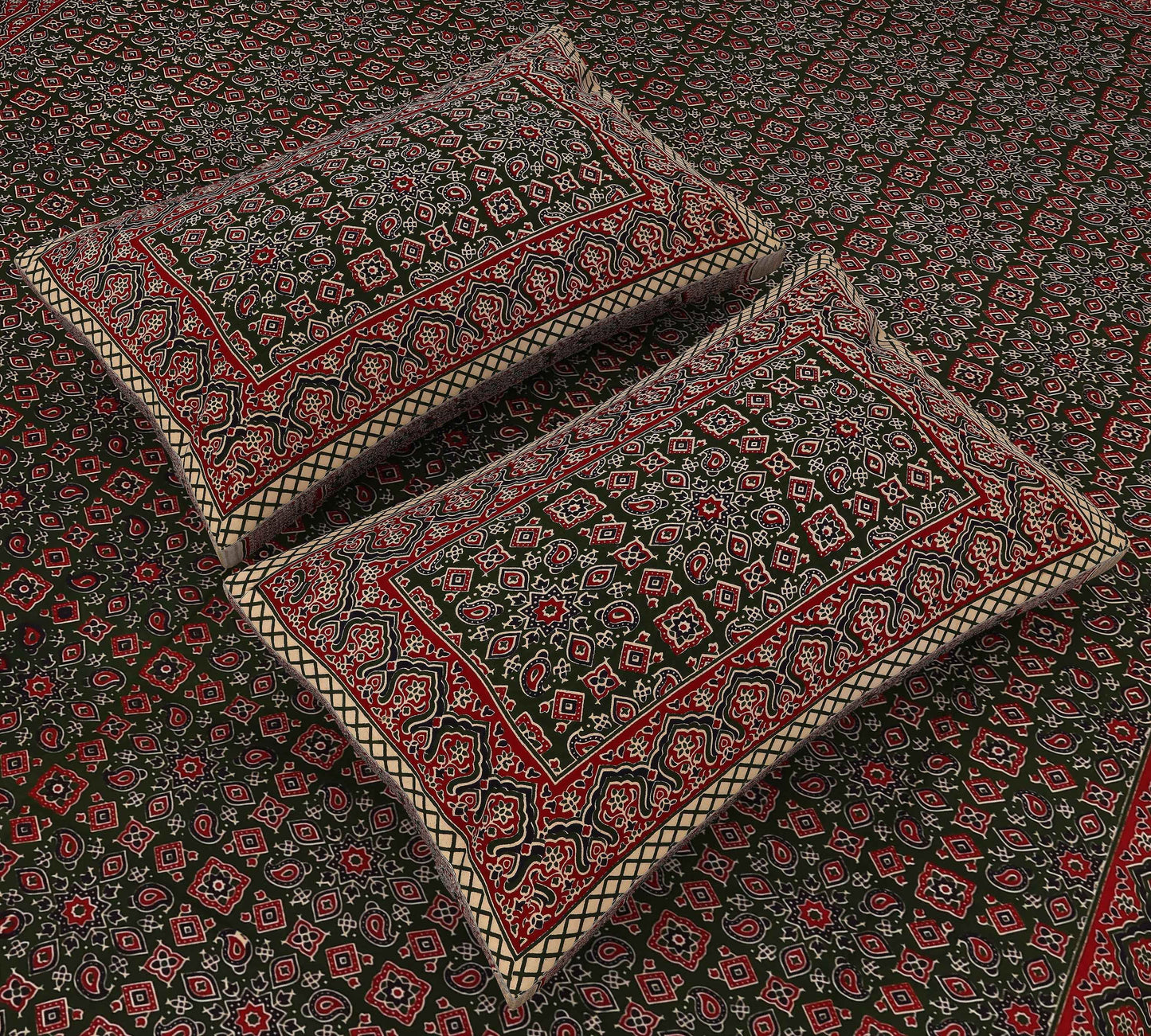 Srishti Textile Geometric Ajrakh Print Bedding Set Bedsheet geometric-ajrak-print-bedding-close-up-of-pillows