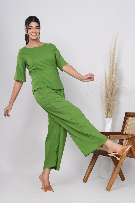 Srishti Textile Khadi Slub Co-ord Set Green Cord Set khadi-slub-co-ord-set-green-stylish-posing-4