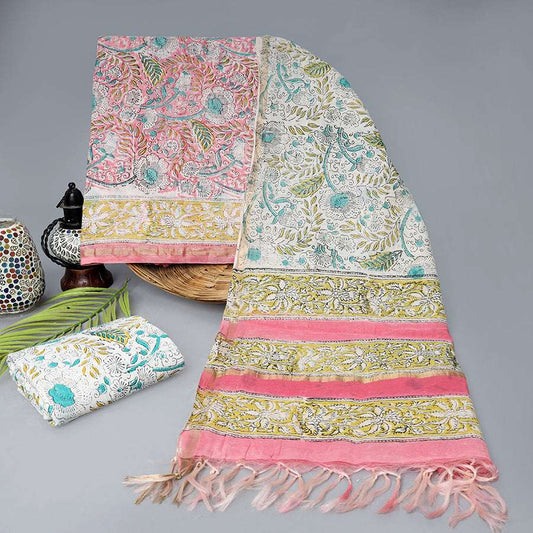 Pink Floral Chanderi Material by Srishti Textile Chanderi Suit pink-floral-chanderi-material-elegant-scarf-with-fringe-_1