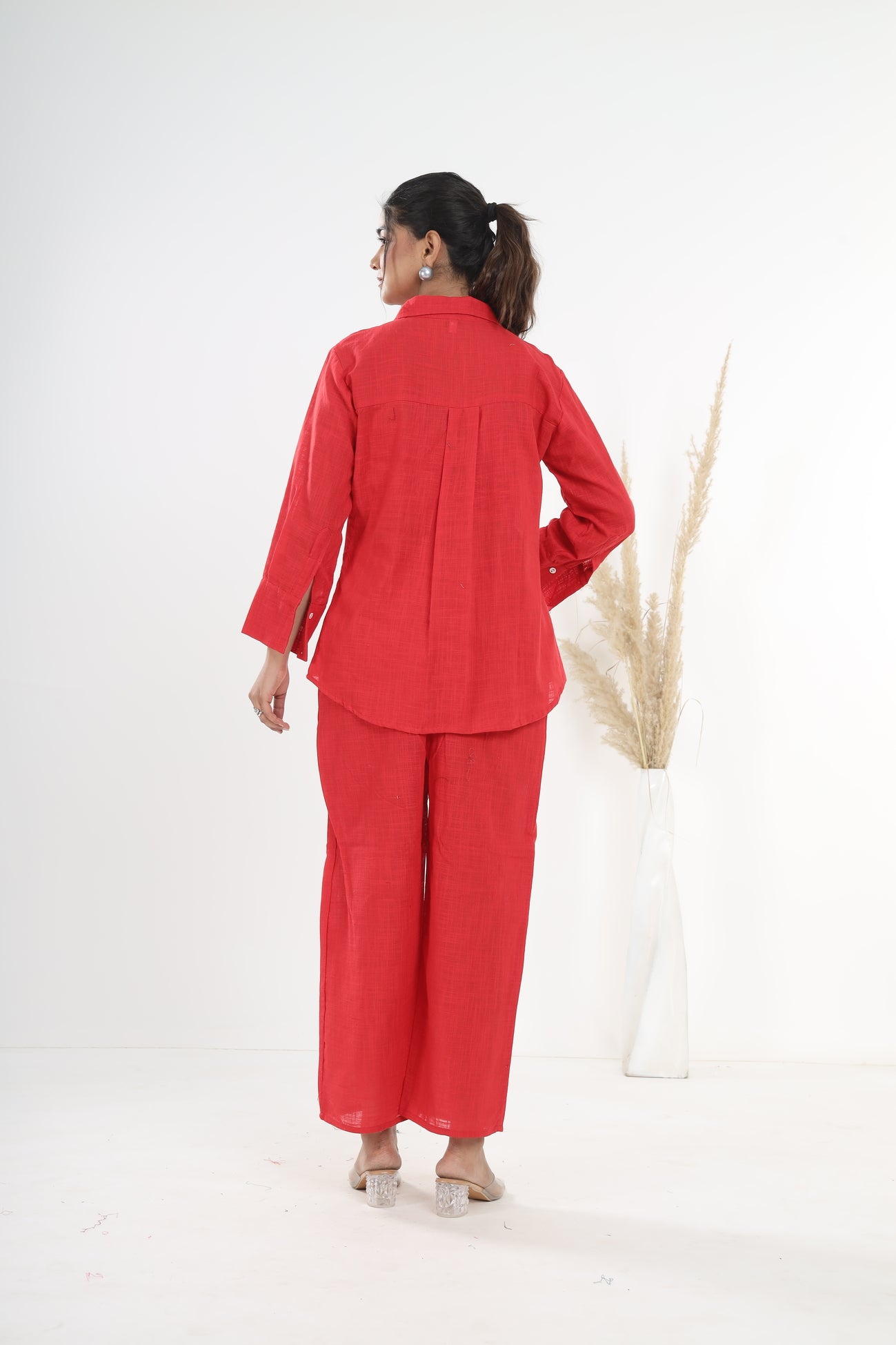 Srishti Textile Red Khadi Co-ord Set for Stylish Comfort Cord Set red-khadi-co-ord-set-back-view-shirt-pants