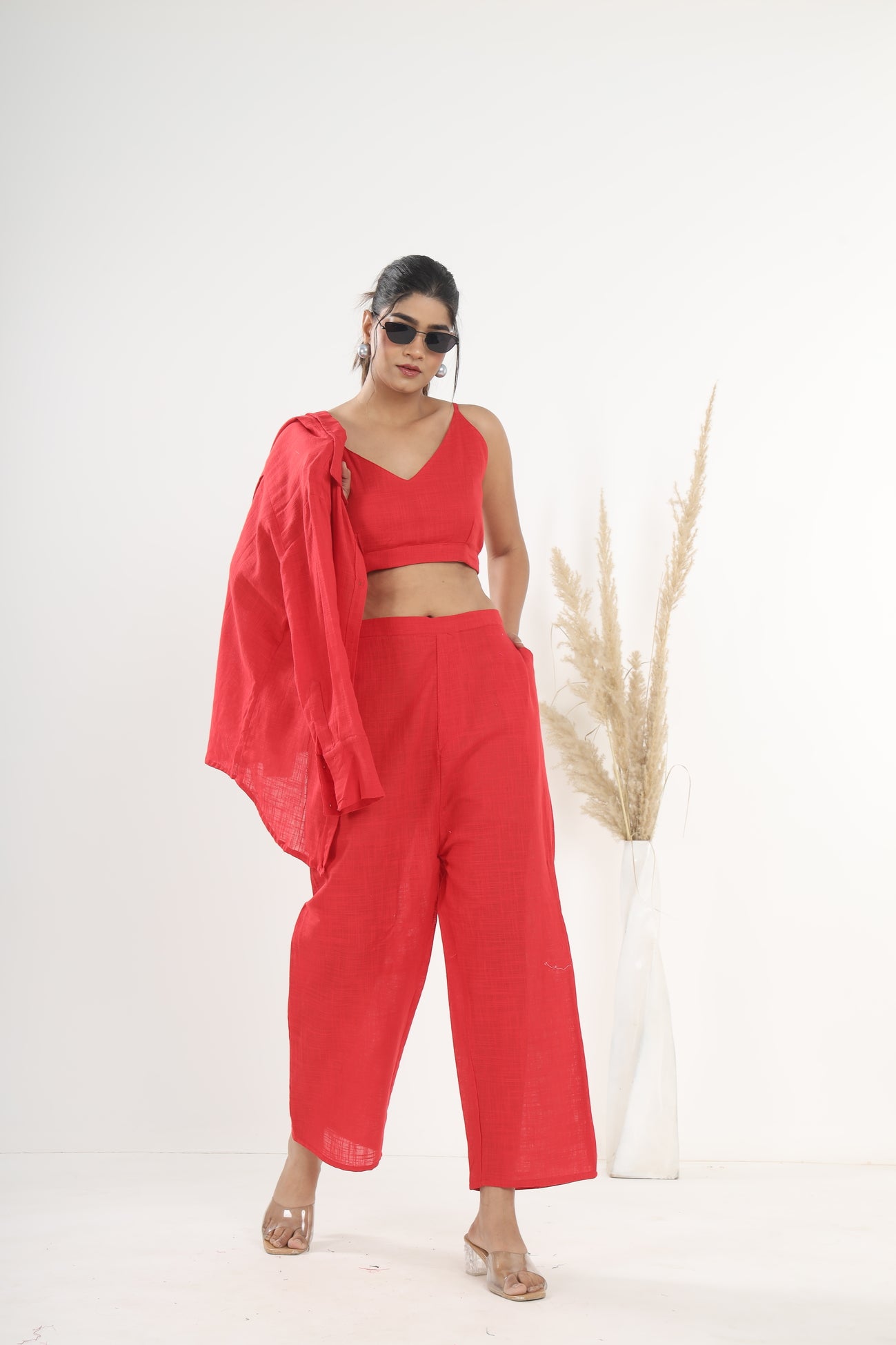 Srishti Textile Red Khadi Co-ord Set for Stylish Comfort Cord Set red-khadi-co-ord-set-casual-chic-crop-pants