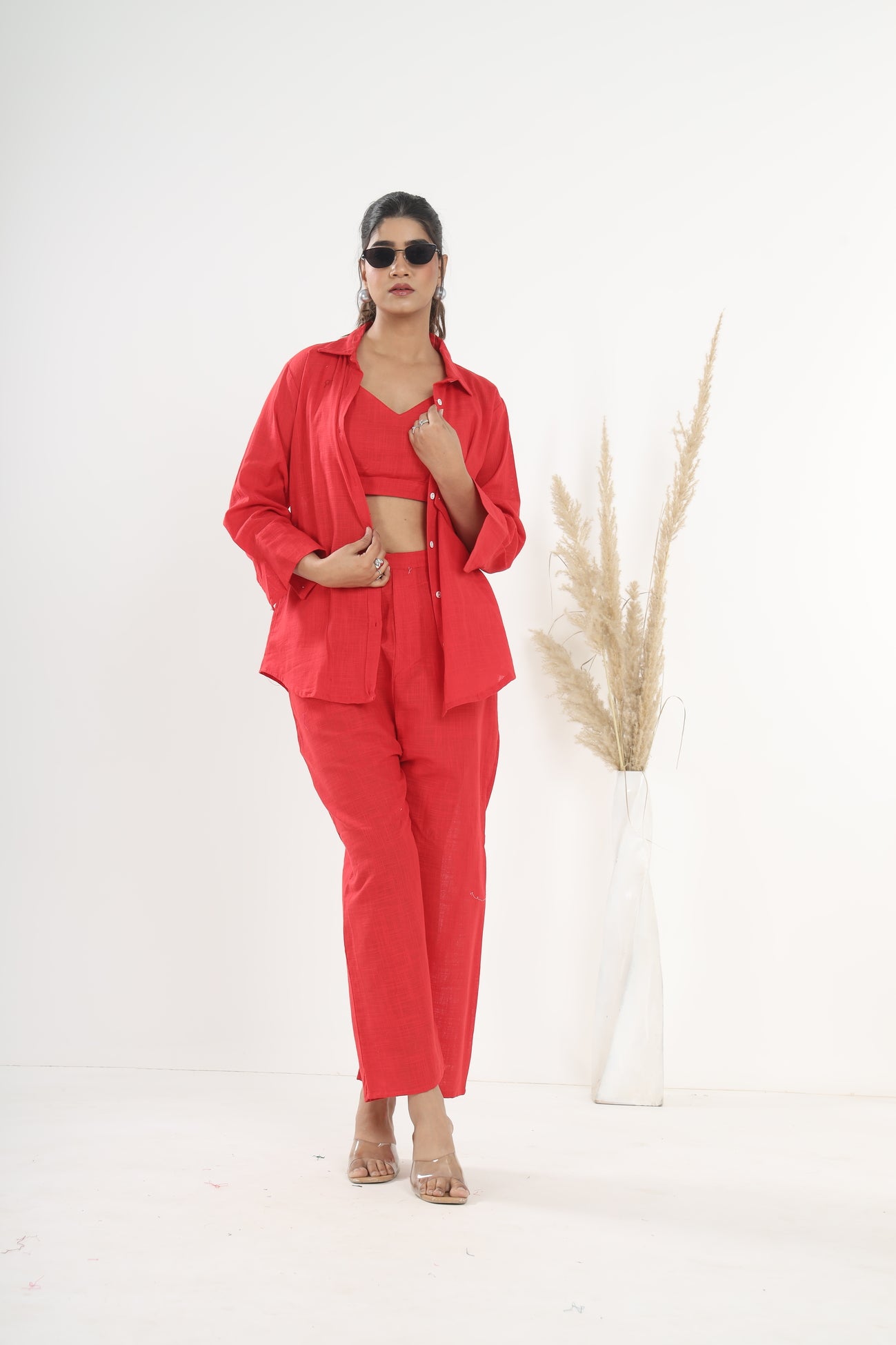 Srishti Textile Red Khadi Co-ord Set for Stylish Comfort Cord Set red-khadi-co-ord-set-casual-view-crop-top-pants