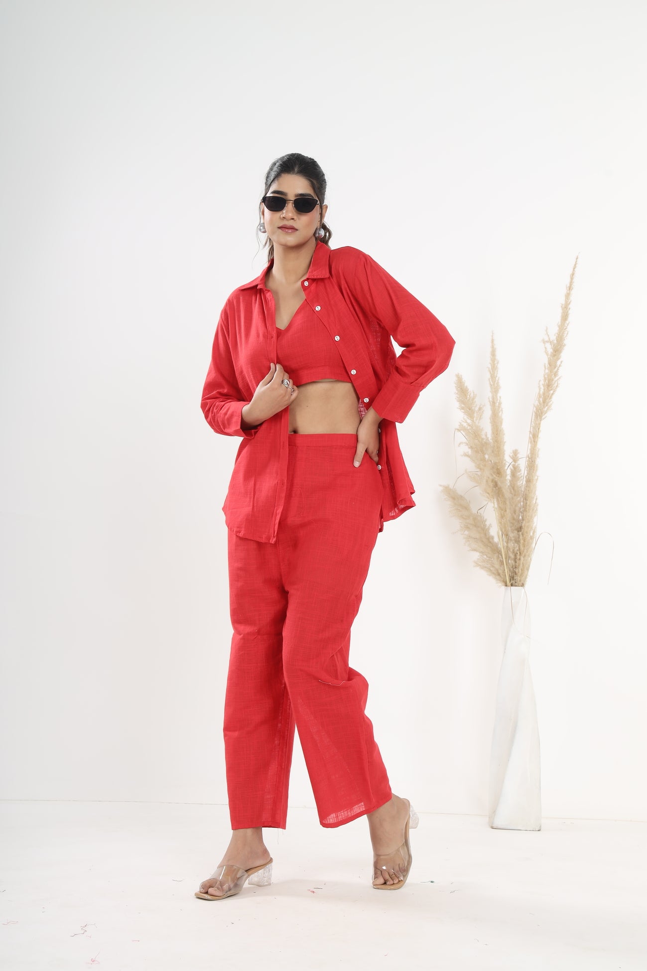 Srishti Textile Red Khadi Co-ord Set for Stylish Comfort Cord Set red-khadi-co-ord-set-casual-view-shirt-pants