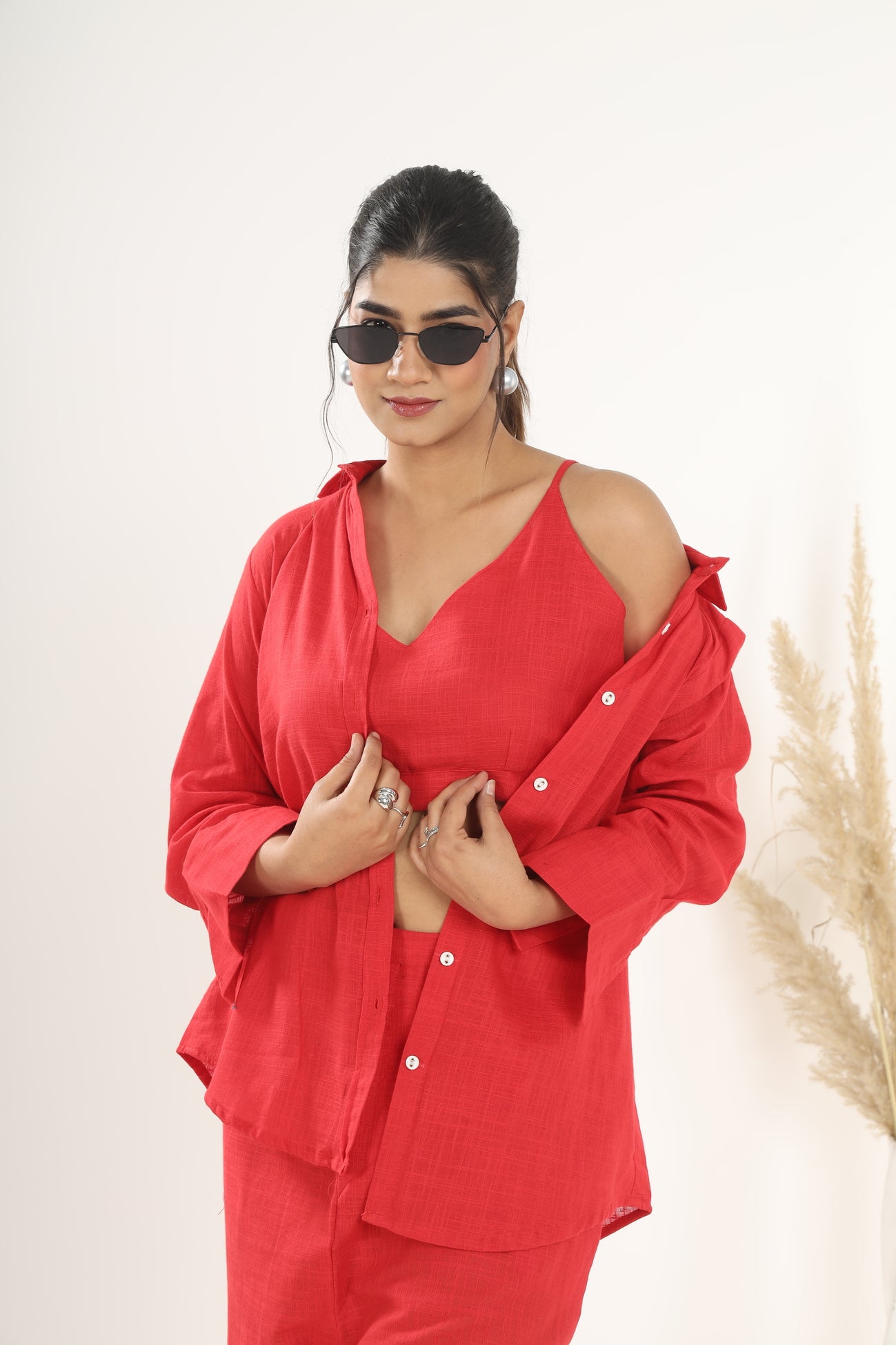 Srishti Textile Red Khadi Co-ord Set for Stylish Comfort Cord Set red-khadi-co-ord-set-close-up-top-shirt