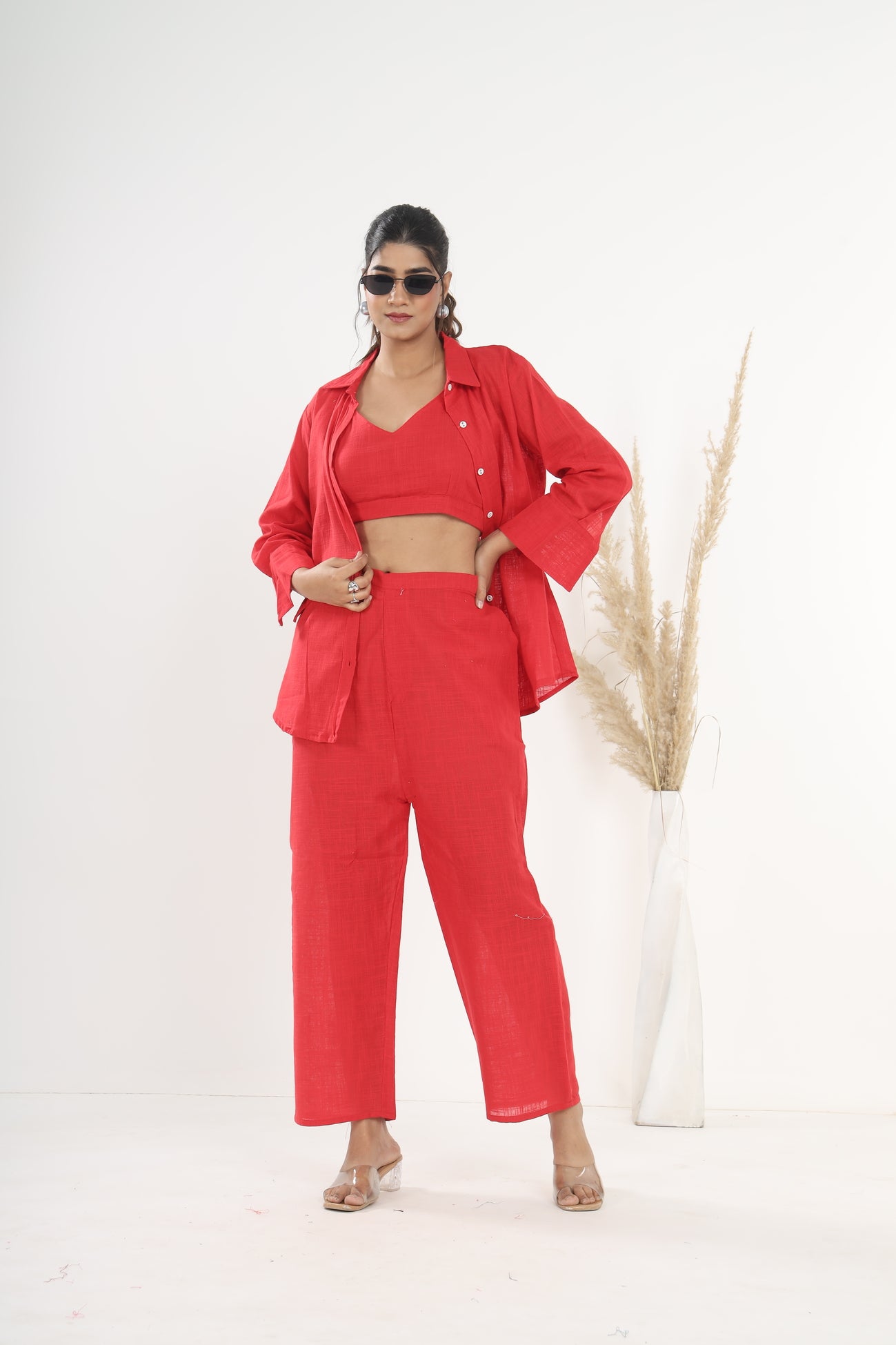 Srishti Textile Red Khadi Co-ord Set for Stylish Comfort Cord Set red-khadi-co-ord-set-crop-top-pants-shirt