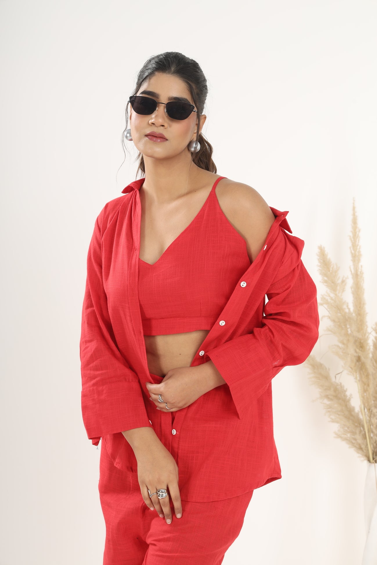 Srishti Textile Red Khadi Co-ord Set for Stylish Comfort Cord Set red-khadi-co-ord-set-detail-crop-top