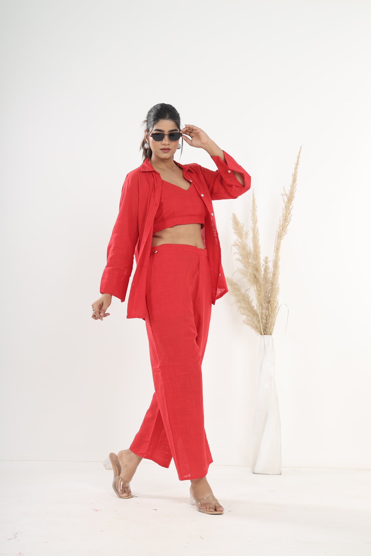 Srishti Textile Red Khadi Co-ord Set for Stylish Comfort Cord Set red-khadi-co-ord-set-elegant-view-crop-top-pants