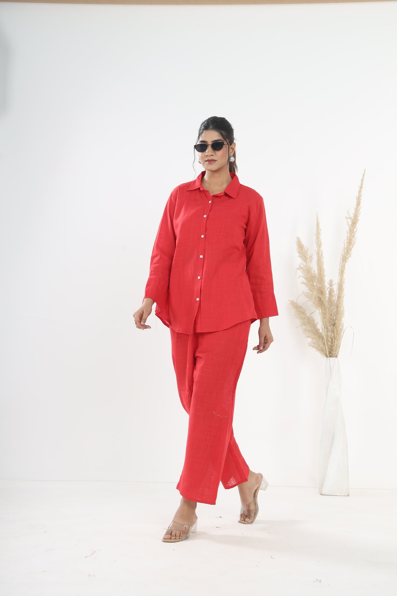 Srishti Textile Red Khadi Co-ord Set for Stylish Comfort Cord Set red-khadi-co-ord-set-front-view-crop-top-pants