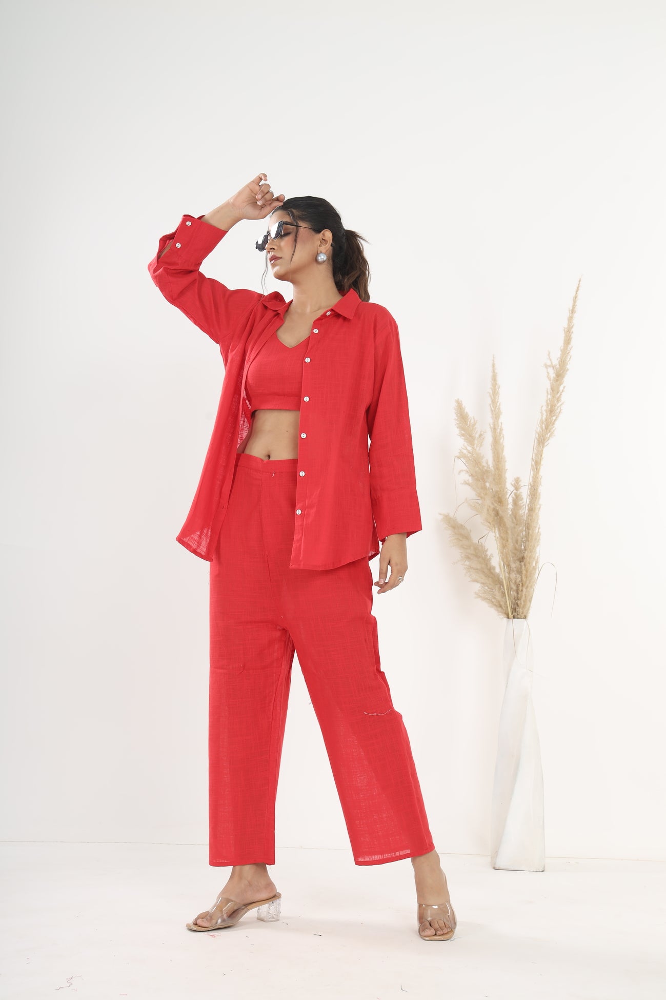 Srishti Textile Red Khadi Co-ord Set for Stylish Comfort Cord Set red-khadi-co-ord-set-playful-side-view-shirt-pants