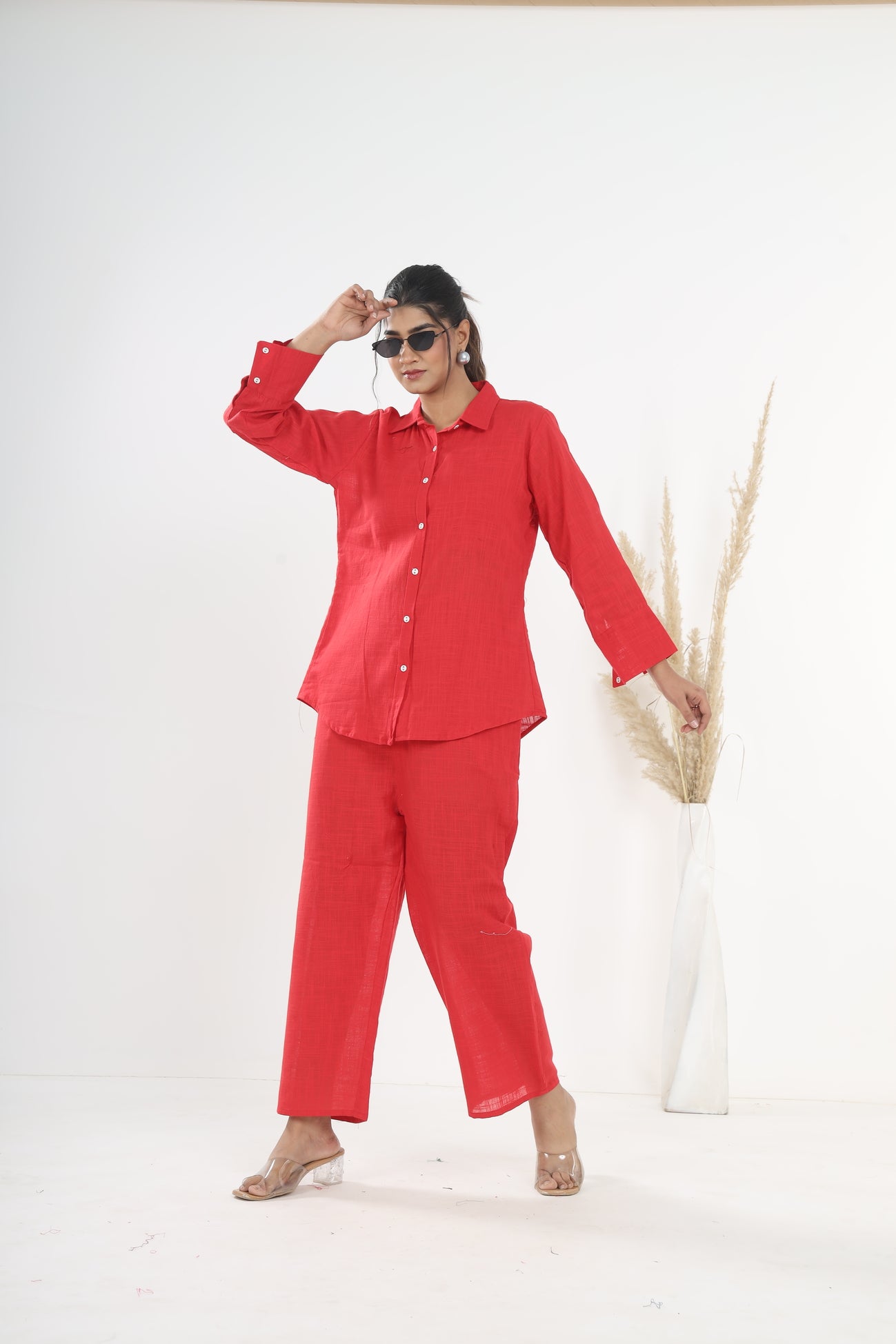 Srishti Textile Red Khadi Co-ord Set for Stylish Comfort Cord Set red-khadi-co-ord-set-side-view-shirt-pants